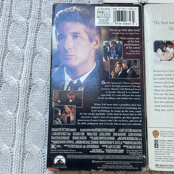 VHS lot of Richard Gere movies. Somersby Primal Fear An Officer and a Gentleman - Picture 7 of 9